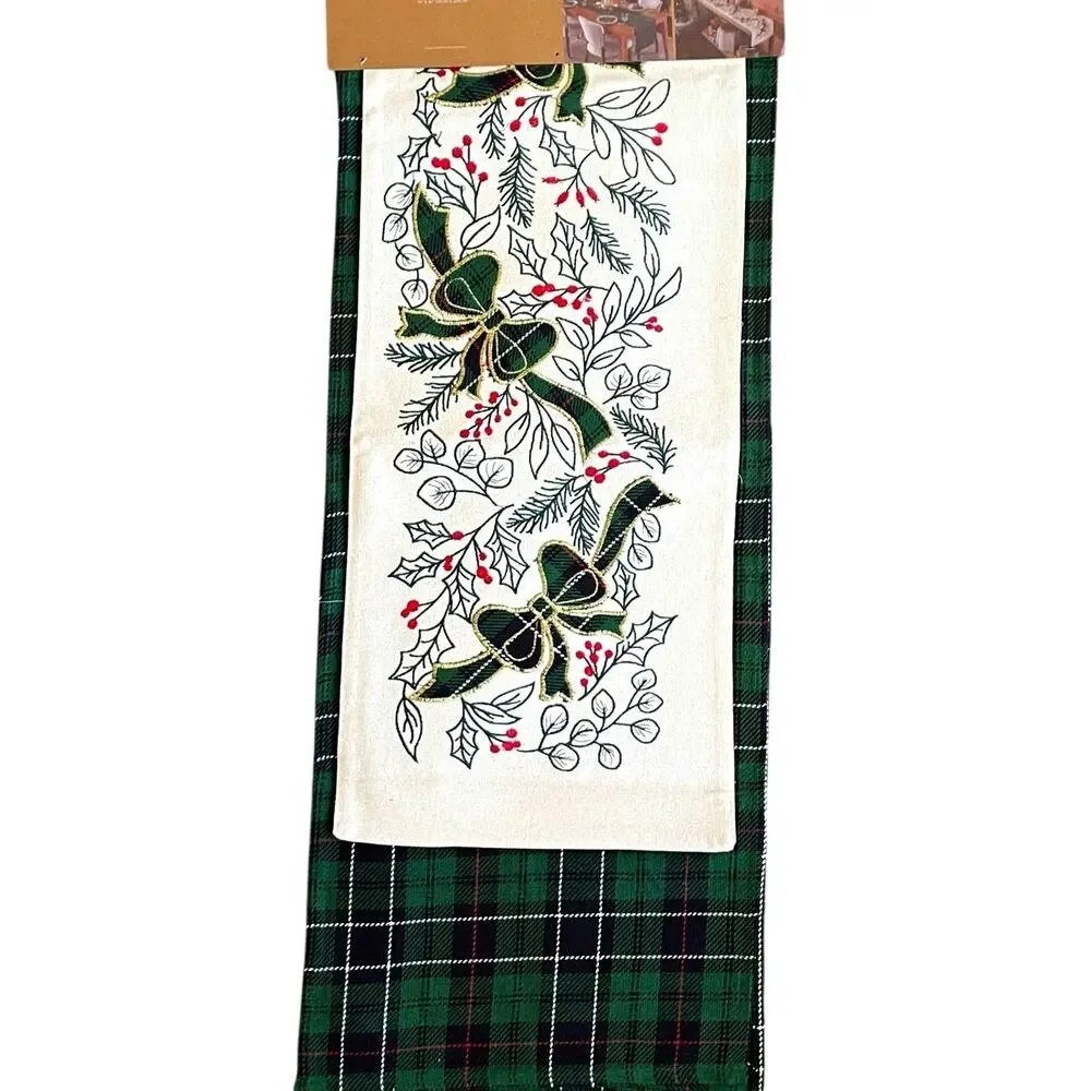 2pc Cupcakes & Cashmere Holly Berry & Bows Double Table Runner Tartan Plaid New
